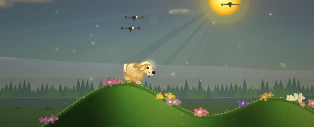 A dog soaring high above sunny hills in Paws Up!