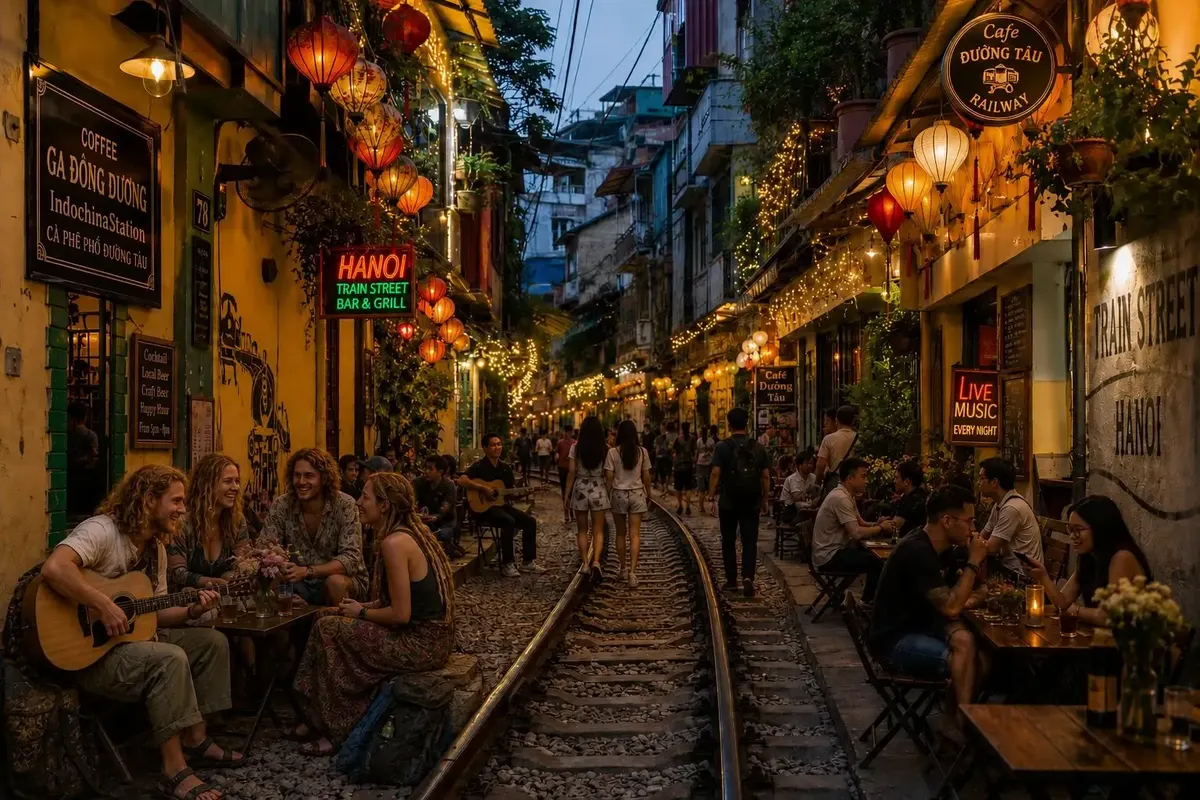 Train Street Hanoi at night with lanterns