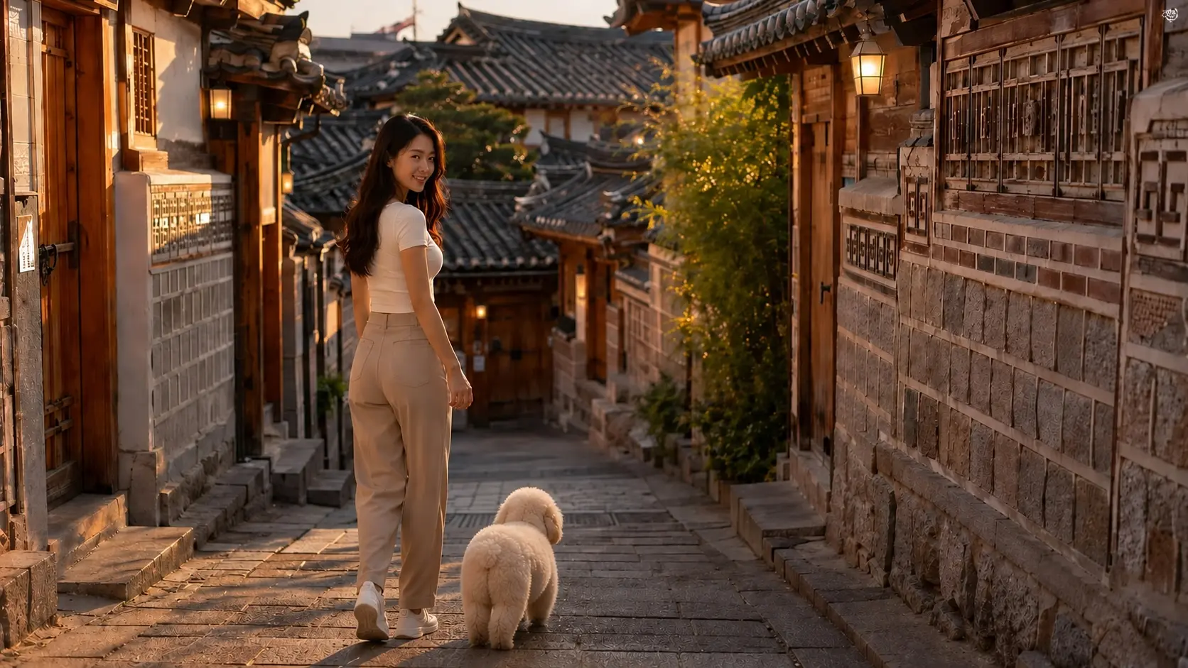 Bukchon Hanok Village Seoul - Jiyeon and Teddy in a traditional alley at golden hour
