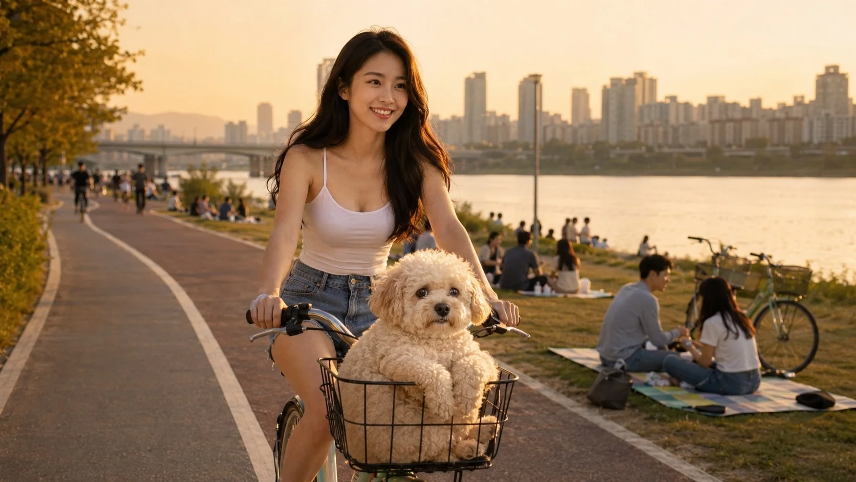 Han River Park Seoul - Jiyeon cycling with Teddy in the basket at golden hour