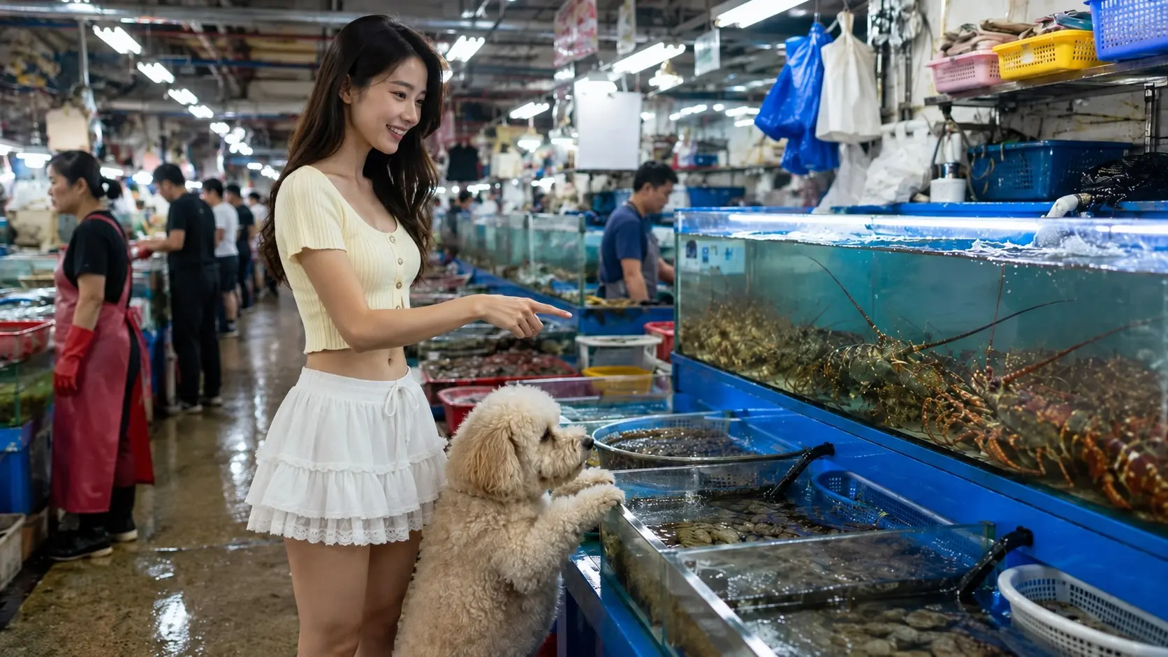 Noryangjin Fish Market Seoul - Jiyeon pointing at seafood tanks with Teddy looking concerned