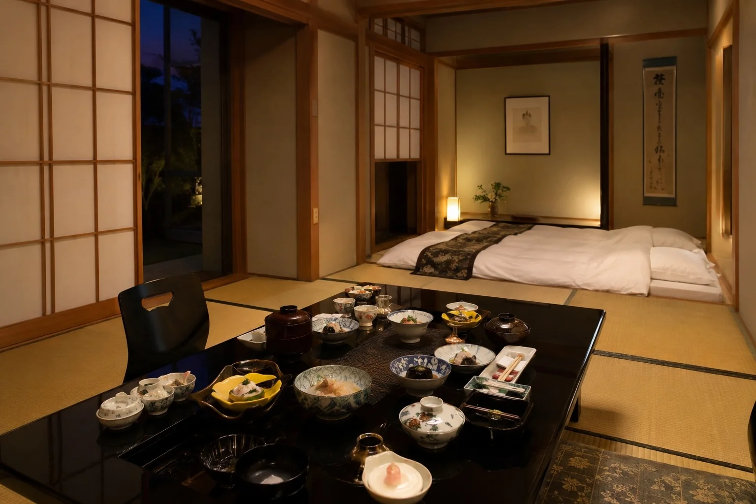 Watazen Ryokan tatami room with kaiseki meal